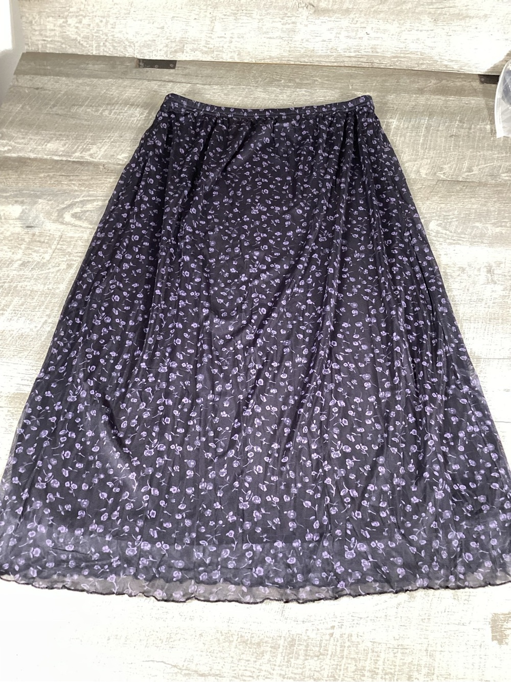 Avanova Women’s Floral Mesh Midi Skirt XL Black Purple Sheer Stretch